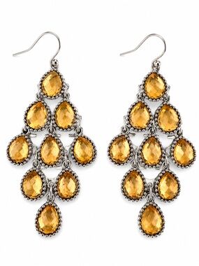 Silver Tone Amber Crystal Chandelier Statement Earrings